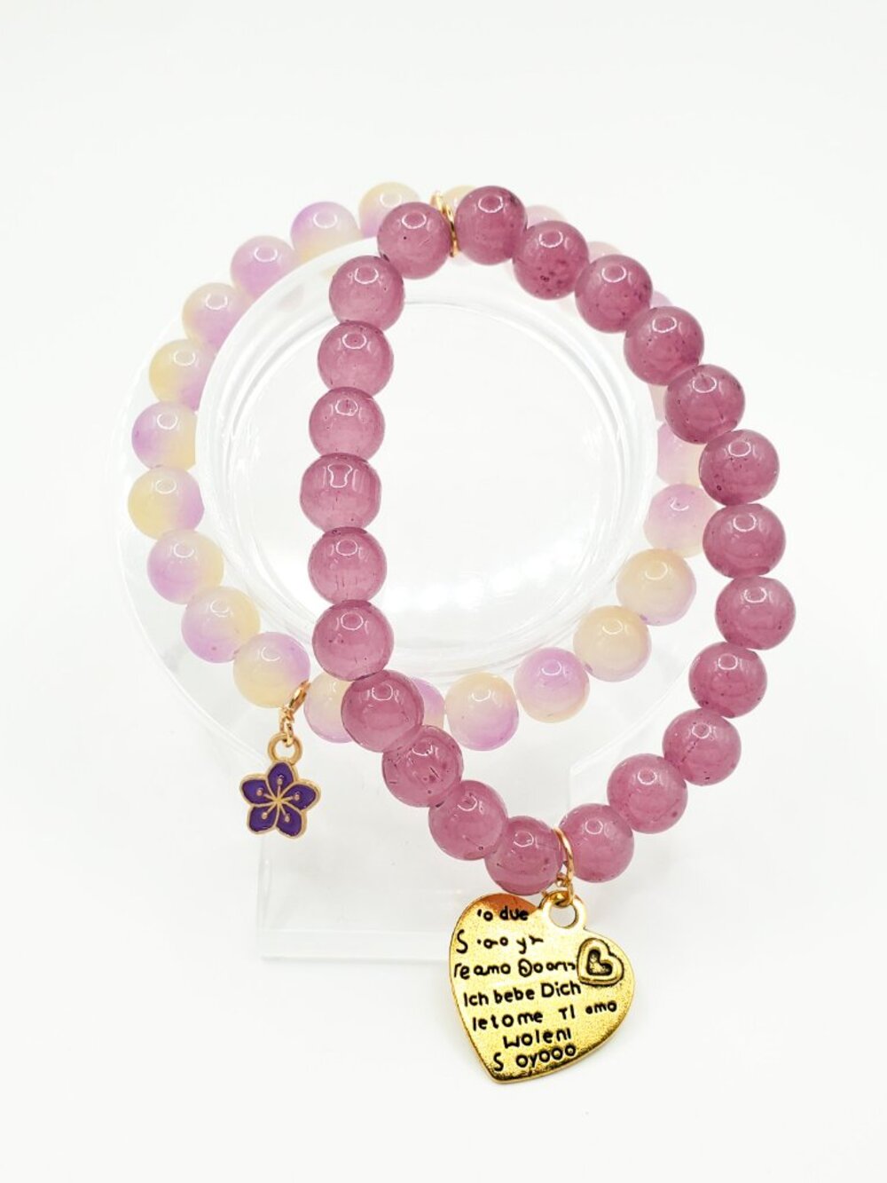 Pink Bracelet Stack, Purple Flower Charm Bracelet, Coquette Beaded Bracelets - Picture 3 of 12